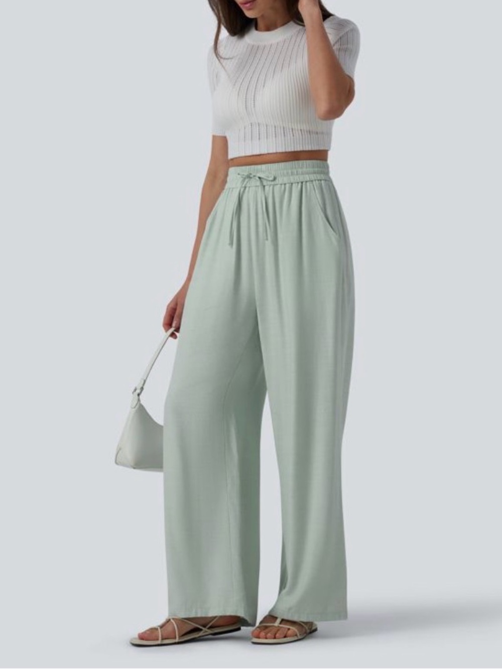 Halara High Waisted Drawstring Wide Leg Casual Linen-Blend Pants with Pockets, L